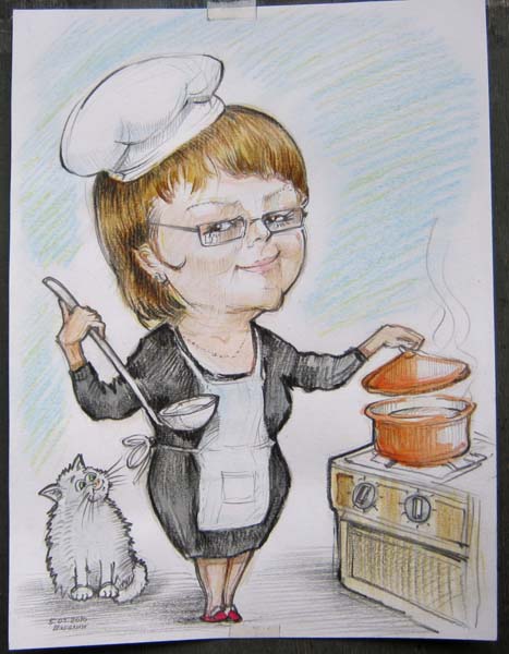 шарж акварелью поварихи с котиком от шаржиста Мишеля