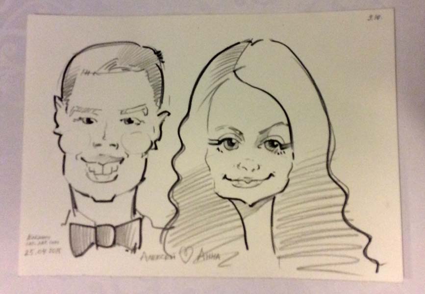 Шарж карандашом и маркером Алексея и Анны на свадьбе